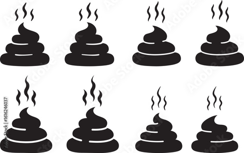 Eight black poop icons with steam silhouette