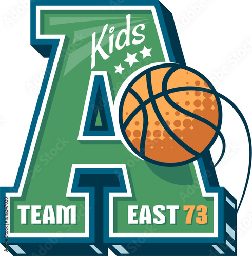 Varsity sport patch label for basketball team or kids school league, vector emblem. Varsity sport patch letter A with basketball ball for college league team or university players club and shirt patch