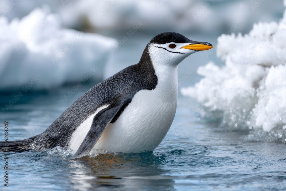 Naklejka premium Gentoo penguin coming out of the freezing antarctic water