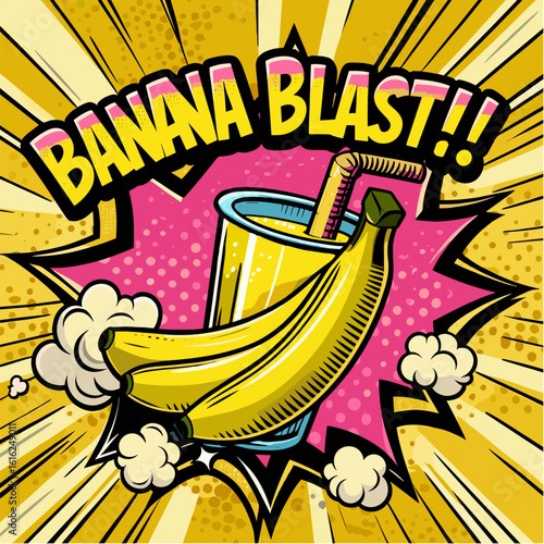 Banana smoothie with bananas in retro pop art vector poster