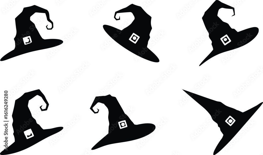 Fototapeta premium Black witch hats with diamond accents on white background halloween costume