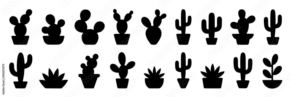 Fototapeta premium Collection of black silhouette cactus and succulent plants, some in pots, spread across a white background in two rows