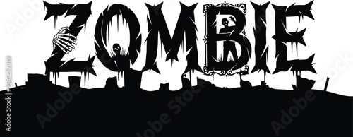 Spooky zombie lettering with skeletal hand and eerie figures horror gothic