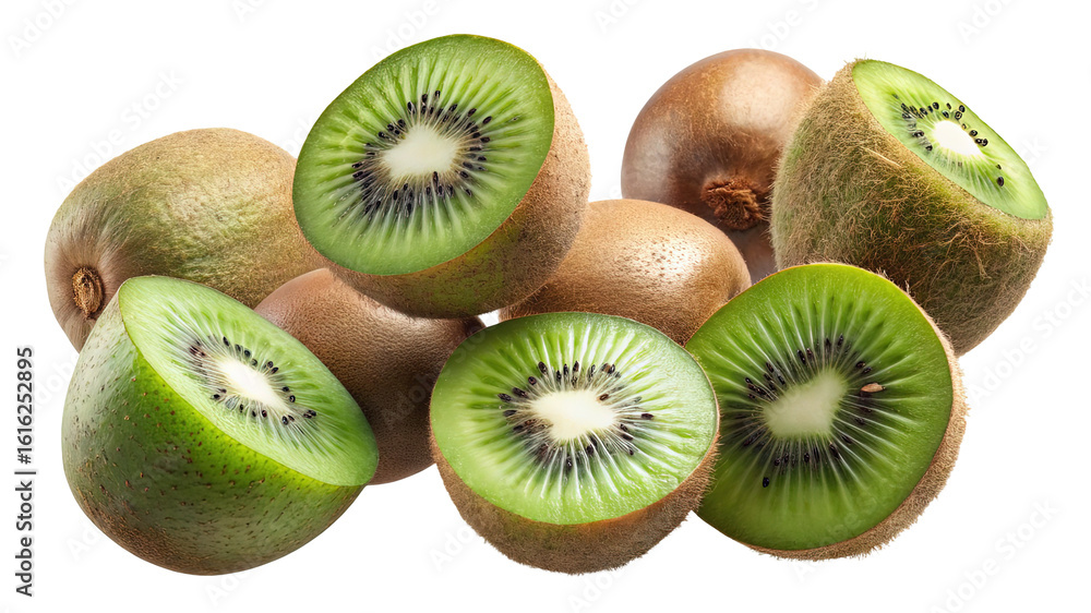 Fototapeta premium Vibrant green kiwi halves and whole fruits displayed against a stark black background