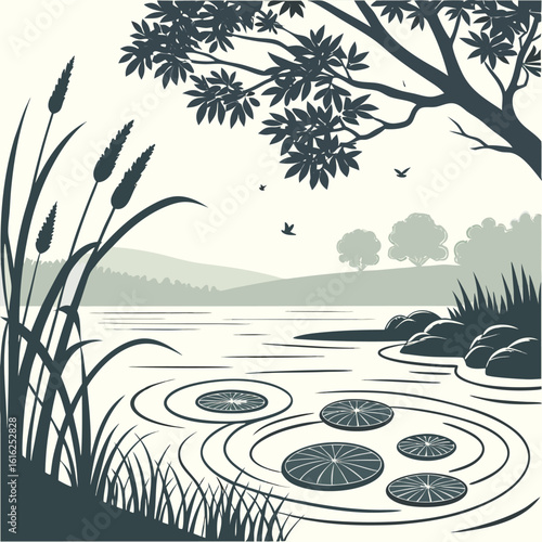 Vector nature scene with a calm lake surface disturbed by falling raindrops forming concentric ripples surrounded by reeds lotus leaves or small stones peaceful composition with minimal color 