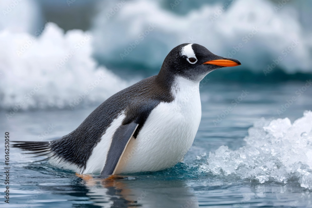 Naklejka premium Gentoo penguin swimming in icy Antarctic waters