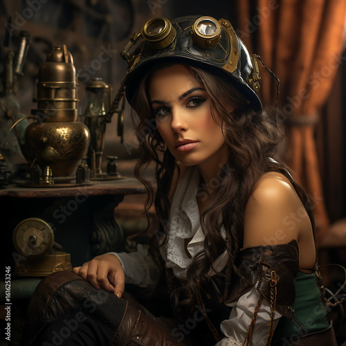 Steampunk woman portrait in a vintage industrial setting.