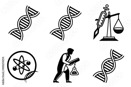 Scientific Icons DNA Atom Syringe Scales Scientist.