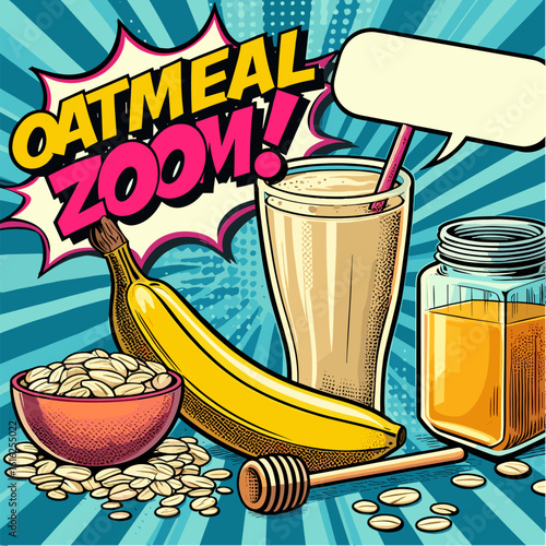 Oatmeal smoothie with oat flakes, banana and honey in pop art vector style