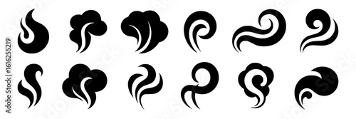 Collection of twelve black and white vector illustrations of stylized smoke, steam, or vapor.  The set includes abstract shapes representing wisps, clouds, and swirling movement, depicting various for