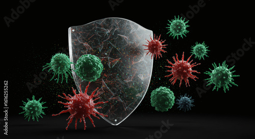 Conceptual 3D rendering of a cracked shield symbolizing a weakened immune system under attack from viruses and pathogens.
