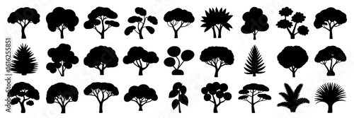 Collection of 30 Black Silhouettes of Various Trees and Plants: Vector Illustration Set.  Includes diverse tree shapes, bushes, and foliage, such as umbrella trees, rounded trees, palm trees, conifers