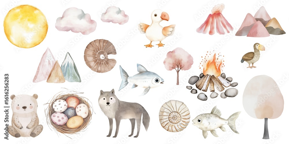 Obraz premium Wonderful Wildlife Elements Illustrate Natural BeautyMajestic Mountains And Animals Form Perfect Scene