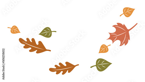 Autumn Leaves Set. Leaves in the wind. Flat Vector Illustration of Falling Maple, Oak and Linden Leaves in Orange, Green Brown, Seasonal Decorative Elements for Autumn Design, Cards, Banners, Posters