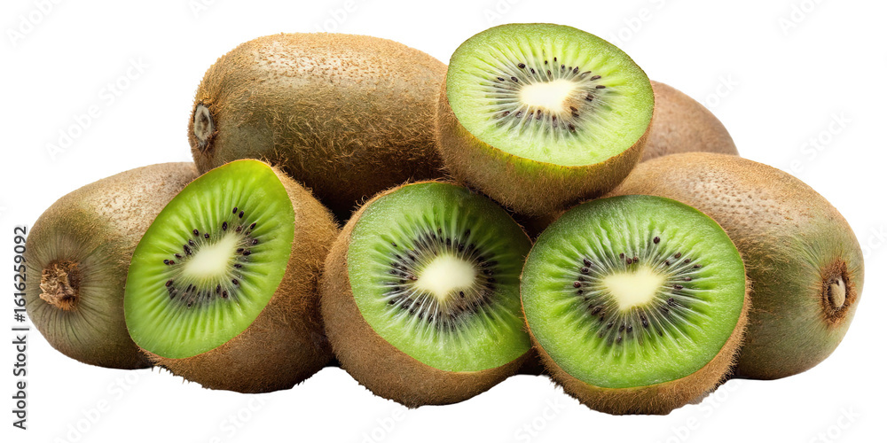 Fototapeta premium A vibrant pile of fresh kiwi fruit some whole and some sliced in half showcasing their green flesh and black seeds