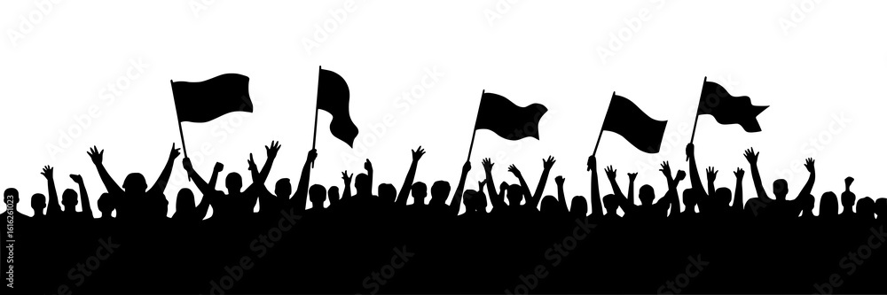Fototapeta premium Silhouette of a large crowd of people with raised hands and flags. Vector illustration in black and white, featuring a horizontal layout of numerous human figures celebrating or protesting. Design ele