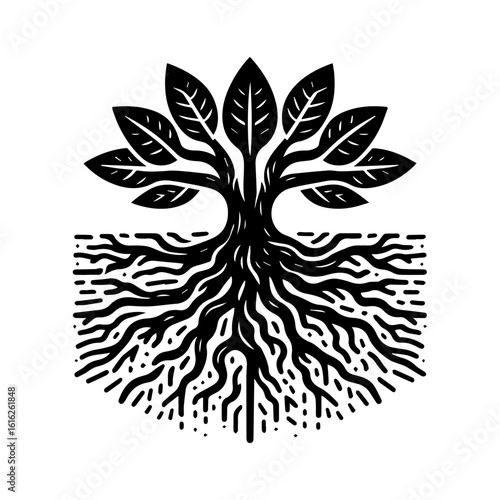 Stylized Black Tree with Visible Roots.