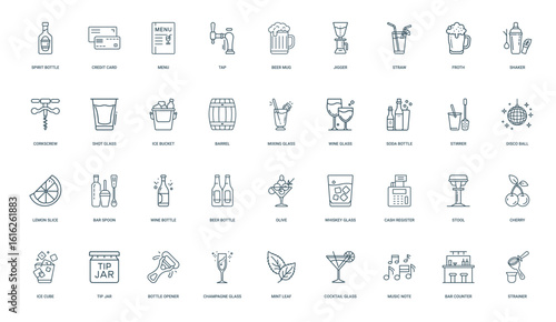 bartender bar cafe restaurant, Beer Menu Wine Soda, minimal thin line web outline icons collection, simple vector illustration