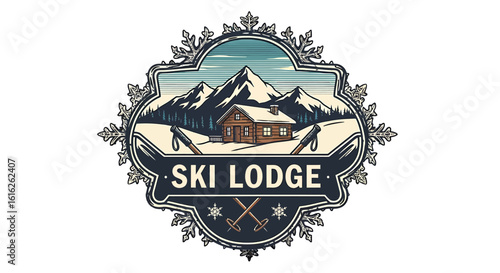 Vintage illustration depicting a cozy ski lodge nestled in a snowy mountain landscape, with skis.