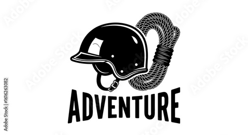 Graphic illustration featuring a climbing helmet and rope, with the word "ADVENTURE" displayed below, all in black and white.