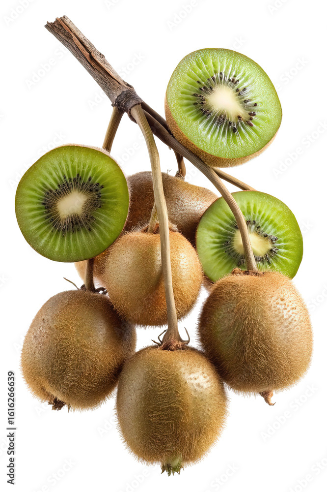 Fototapeta premium Freshly harvested cluster of ripe kiwifruit showcasing their vibrant green flesh and brown fuzzy skin