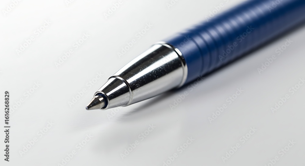 A detailed macro shot of a blue ballpoint pen's metallic tip, isolated on a clean white background. A detailed macro shot of a blue ballpoint pen's metallic tip, isolated on a clean white background.
