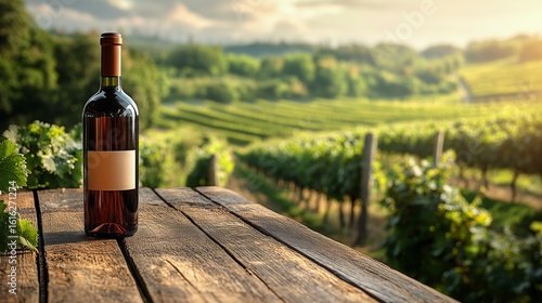 Wine Bottle on Wooden Table Overlooking Vineyard During Sunset in a Serene Co...