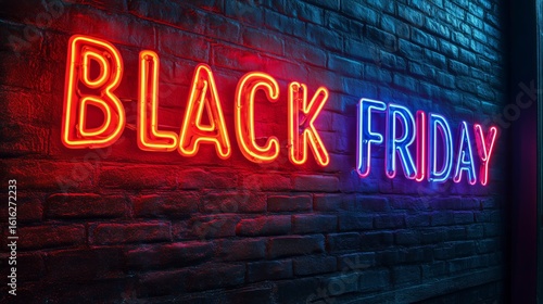 Neon Black Friday Sign Illuminates Brick Wall in a Retail Setting During Even...