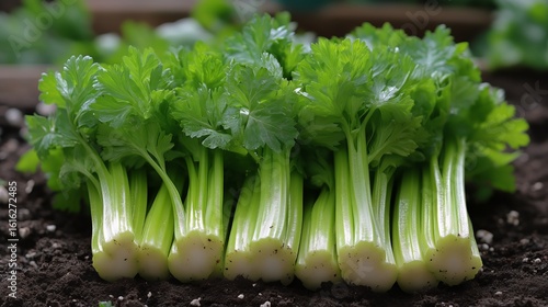 Freshly Harvested Celery With Vibrant Green Leaves on Rich Soil in a Garden S...