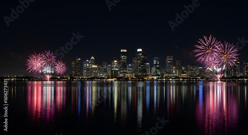 Fireworks illuminate Tampa skyline at night. Celebratory scene for design, marketing, editorial use.