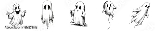 Set of Ghost sheet, Tiny ghost, Ghost balloon, Floating ghost, Grinning ghost - black and white sketch with black capillary pen in vintage style on white background for Halloween  