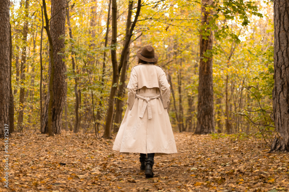 Ταπετσαρία Back view of an elegant woman in a coat and wide-brimmed hat walking alone throu