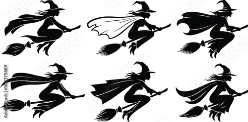  silhouettes of witches flying on broomsticks, isolated on white background
