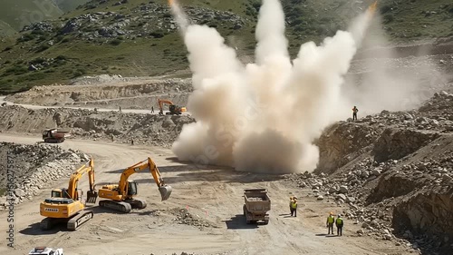 Controlled explosion in quarry with machinery and workers