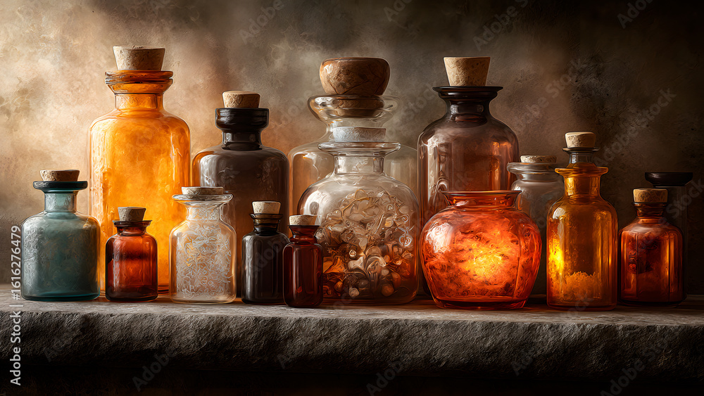 Collection of glass bottles in warm colors and cork stoppers on a stone shelf. Collection of glass bottles in warm colors and cork stoppers on a stone shelf.