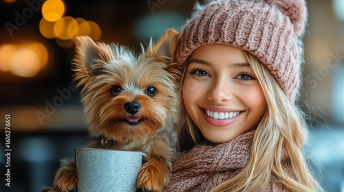 Joyful Moment Shared Between a Young Woman and Her Small Dog in a Cozy Cafe S...