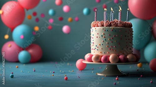 Birthday Cake With Candles and Colorful Balloons in a Festive Setting Celebra...