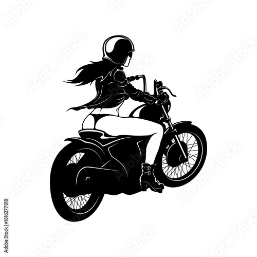 Sexy Girl and Vintage Motorcycle - Chopper, Classic Bike, Clipart, Vector Silhouette