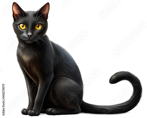 Elegant Black Cat with Bright Yellow Eyes:  Digital Painting, Mystical Mood, Pet Portrait.