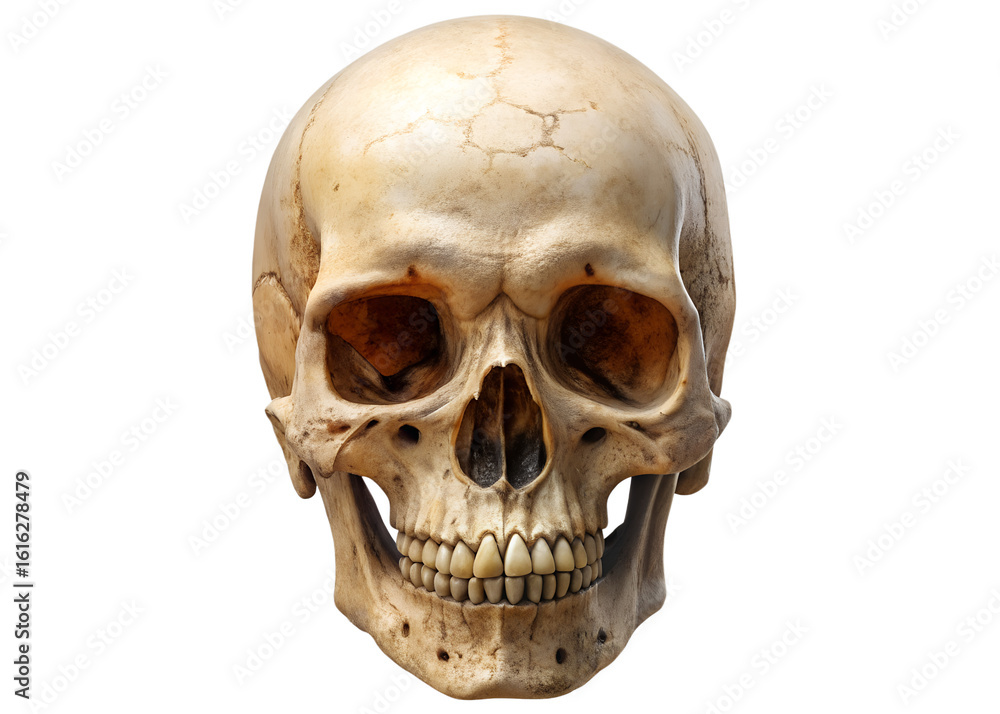 Fototapeta premium High-resolution detailed human skull, anatomical study, somber mood, isolated on black.