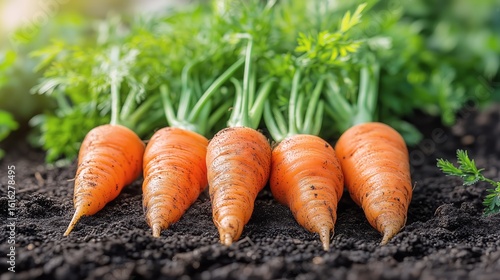 Freshly Harvested Carrots Arranged in a Row in a Garden With Rich Soil and Gr...