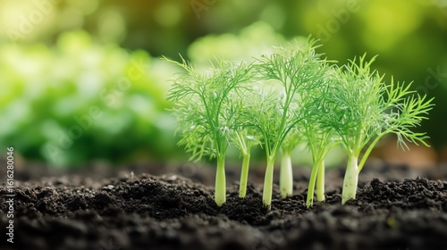 Fresh Dill Plants Growing in Rich Soil Under Soft Sunlight in a Garden Setting