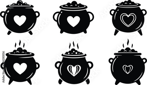  a collection of witch cauldrons with heart symbols and steaming potions, isolated on white background