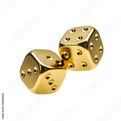 Luxury Gold Dice Falling, 3D Render, Casino Gambling Concept, Two Golden Dice Hovering, appearing to float, Png Transparent.