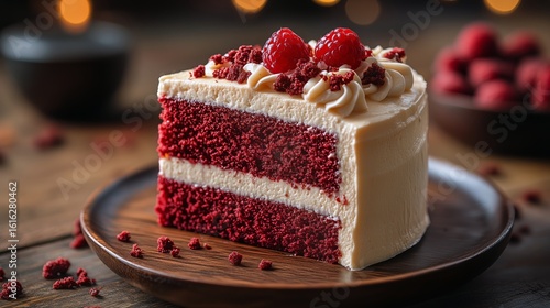 Red Velvet Cake Slice With Creamy Frosting and Fresh Raspberries on Wooden Ta...