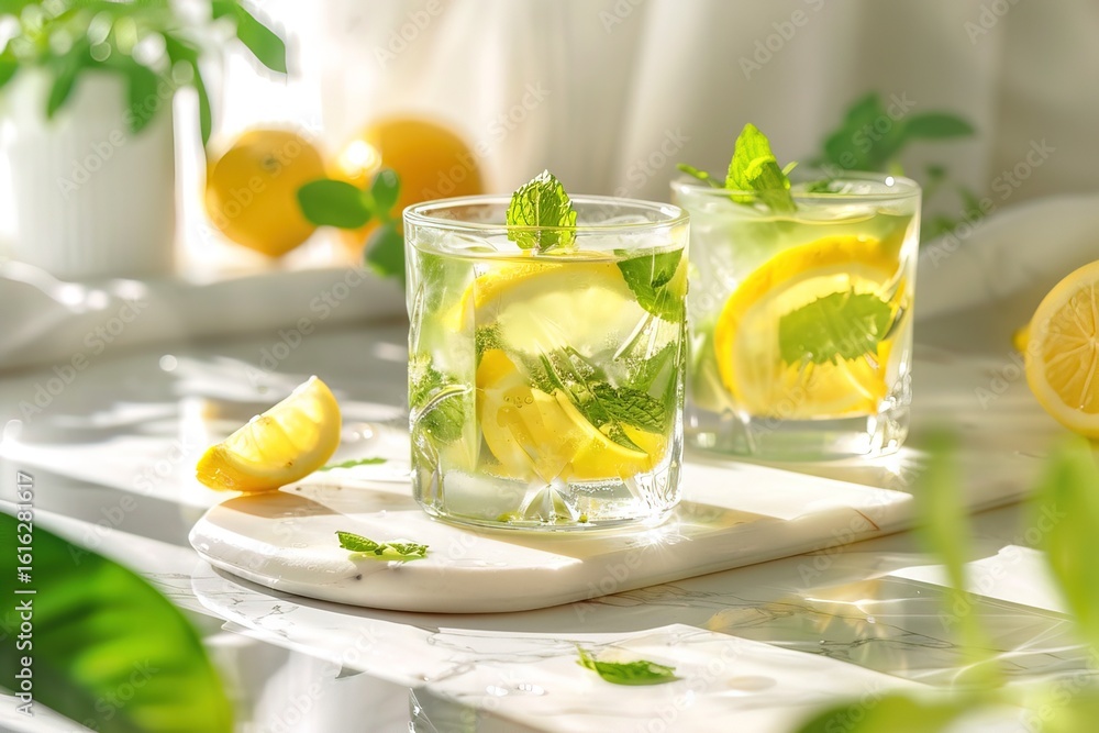 Fototapeta premium Refreshing lemon and mint cocktail in transparent glass on marble surface, bathed in bright natural light. Great for food photography, recipe books and summer themed marketing