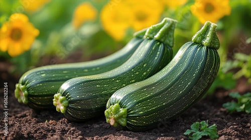 Fresh Zucchinis Growing in a Garden During Summer Harvest Time.
