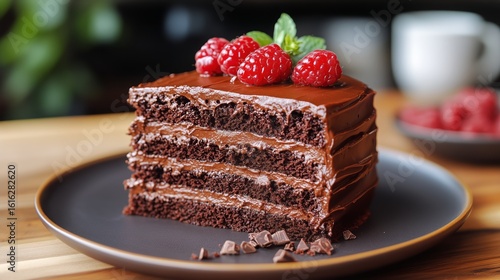 Decadent Chocolate Cake Layered With Creamy Frosting and Fresh Raspberries on...