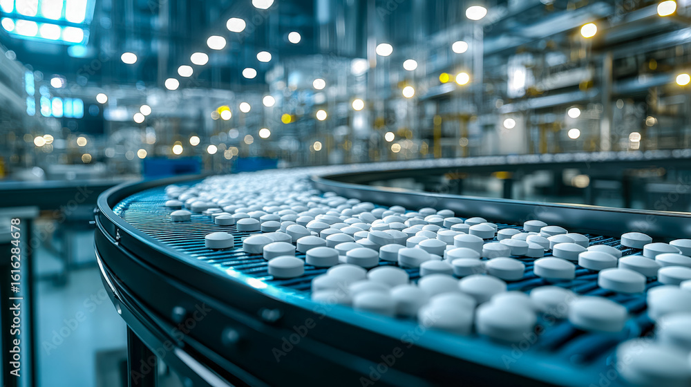 Obraz premium Automated pharmaceutical production line in a modern factory setting