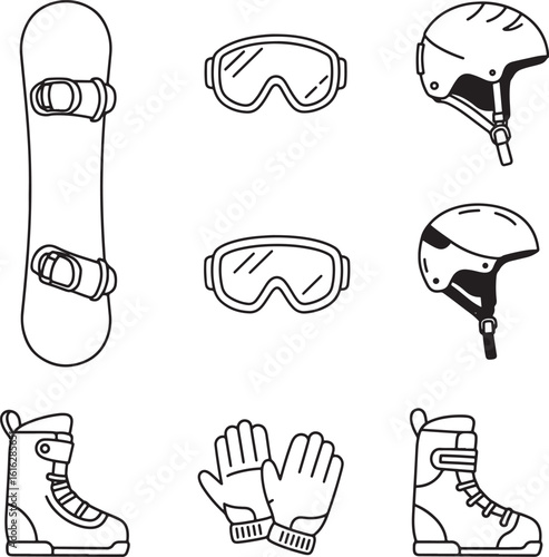 Snowboarding gear collection in a simple drawing silhouette